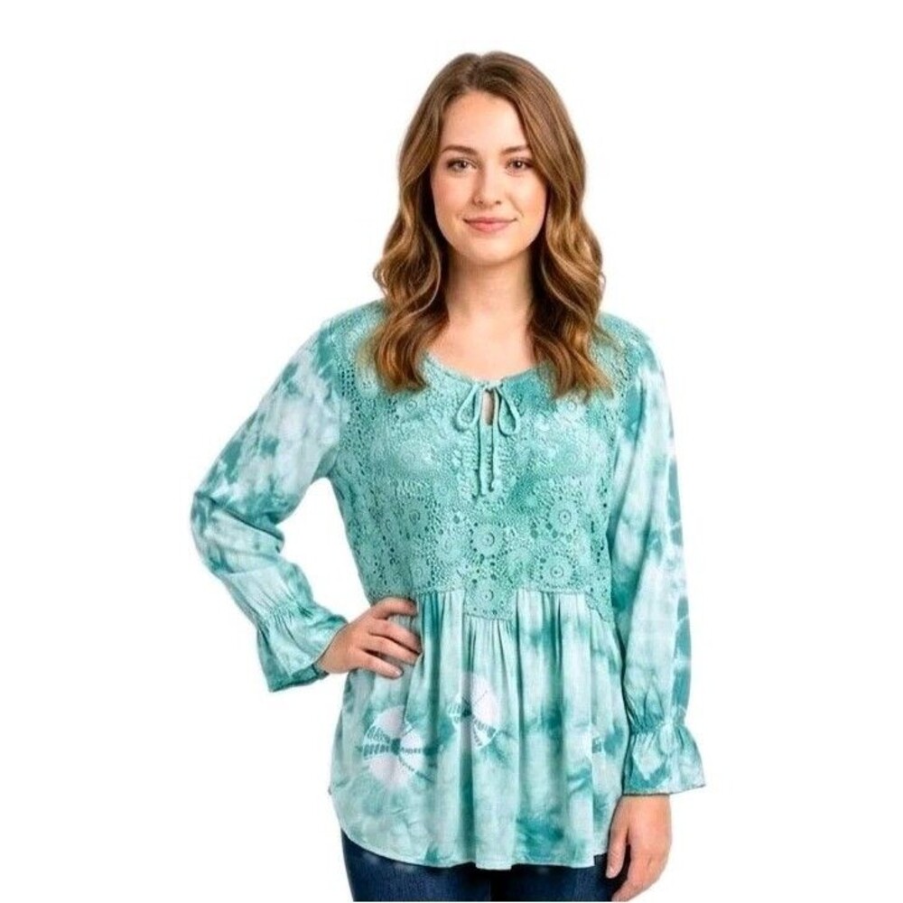 Tantrums Womens Tunic Top plus 2X Green White Tie-Dye 3/4 Slv Lace Embroidered